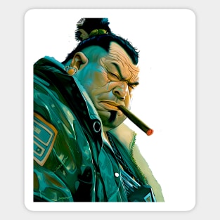 Puff Sumo 2: Smoking a Fat Cigar in a Dystopian City Scene on a light (Knocked Out) background Magnet